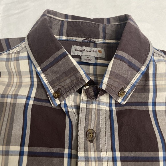 Carhartt Button Down Shirt Mens Brown White Plaid Relaxed Fit Short Medium - Picture 2 of 2